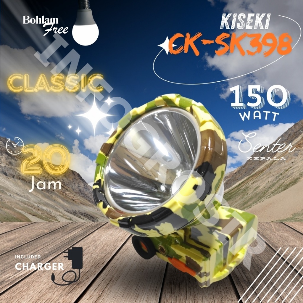 Senter Kepala Kiseki CK-SK398 Putih/Kuning 150 Watt Charger bonus Lampu