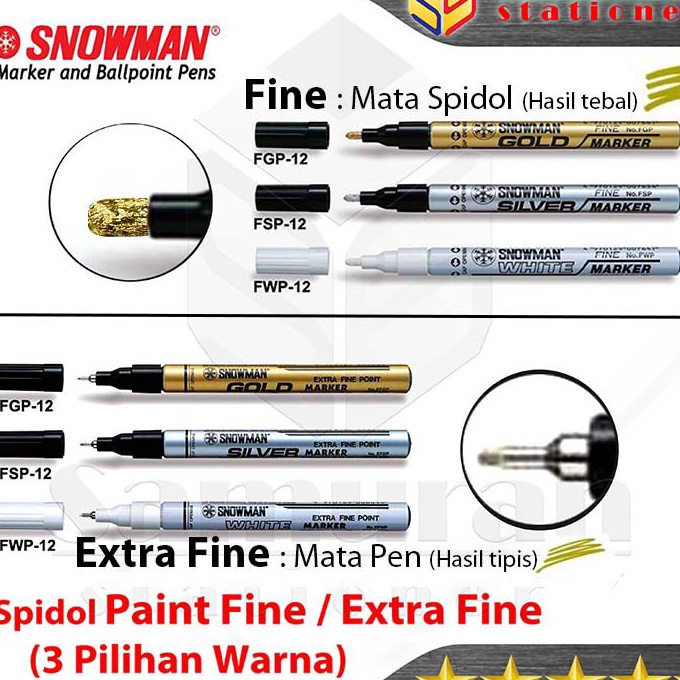 

KI3 Spidol Paint Marker Snowman Permanent Fine F Extra Fine EF Warna Emas Perak Putih Hitam Gold Sier White Black