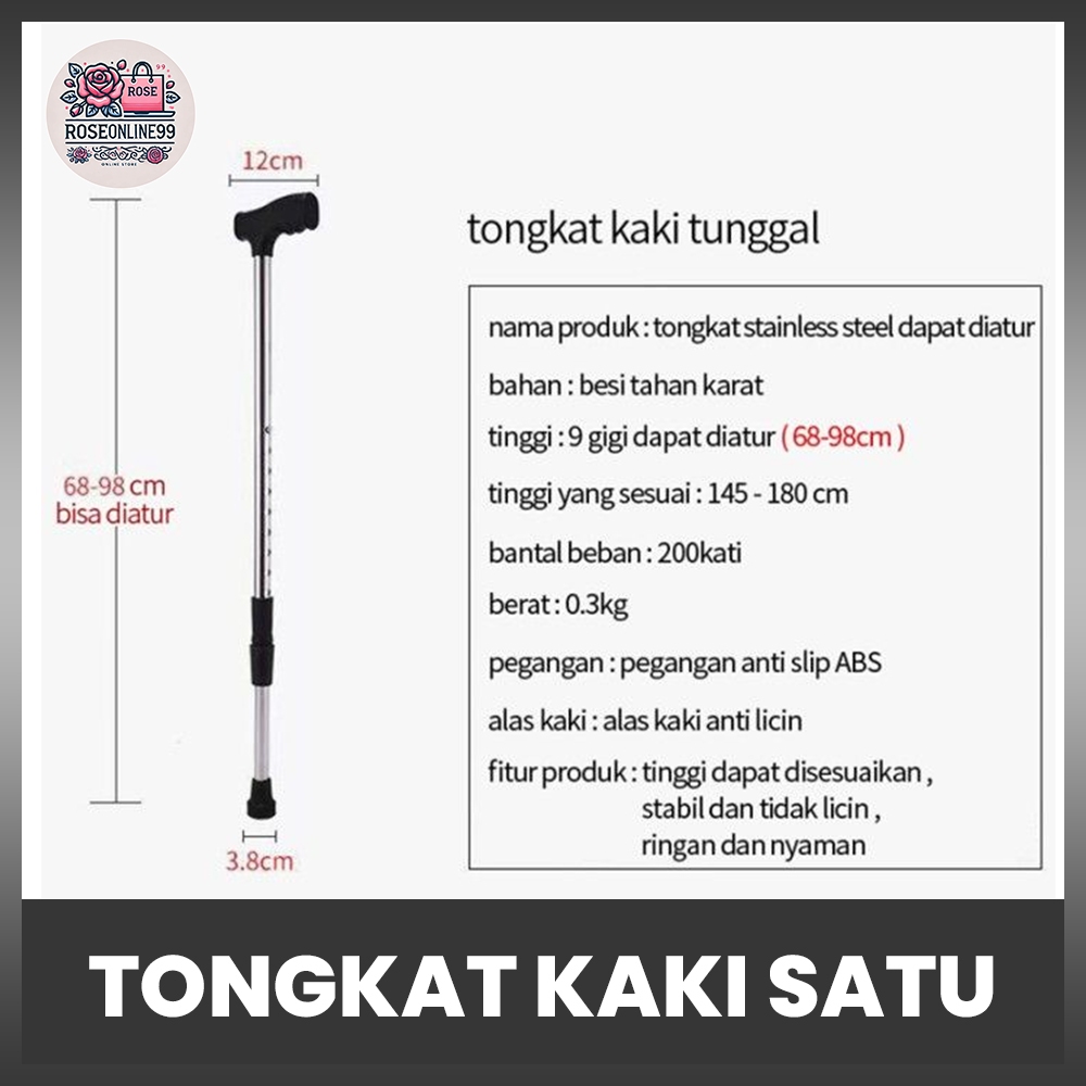 RO Tongkat Kaki 1 Alat Bantu Jalan Stainless Ketinggian Bisa Diatur