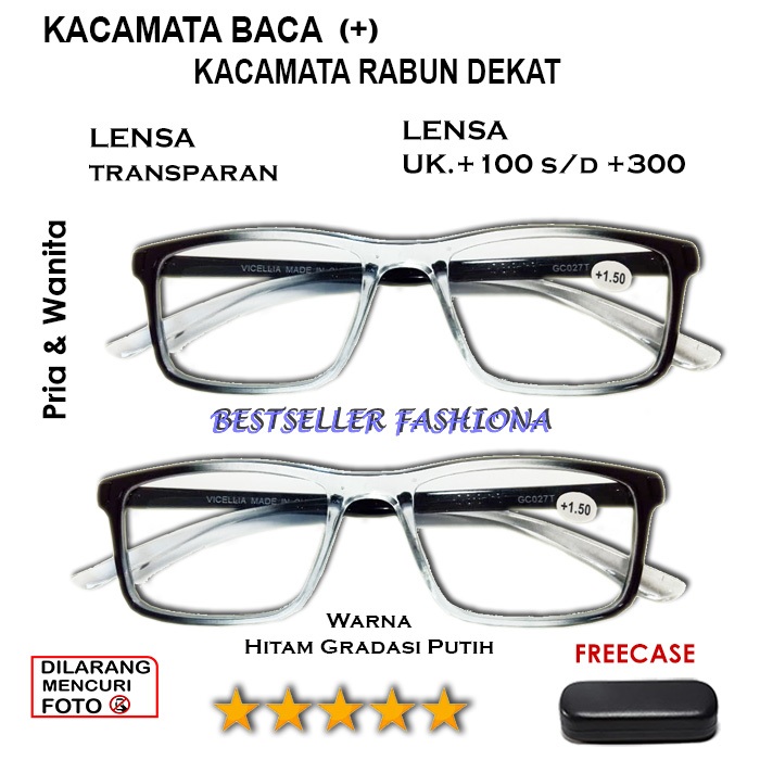 GRATIS KOTAK CASE - Kacamata Baca Plus Full Bingkai Bentuk Kotak Frame Hitam Putih Bening Lensa Plus