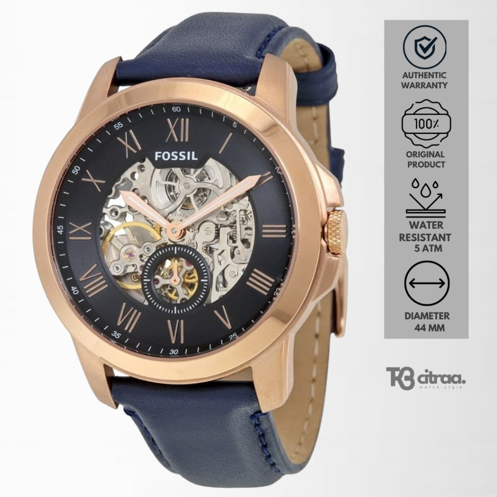jam tangan fossil automatic pria grant analog strap kulit cowok blue leather water resistant luxury 