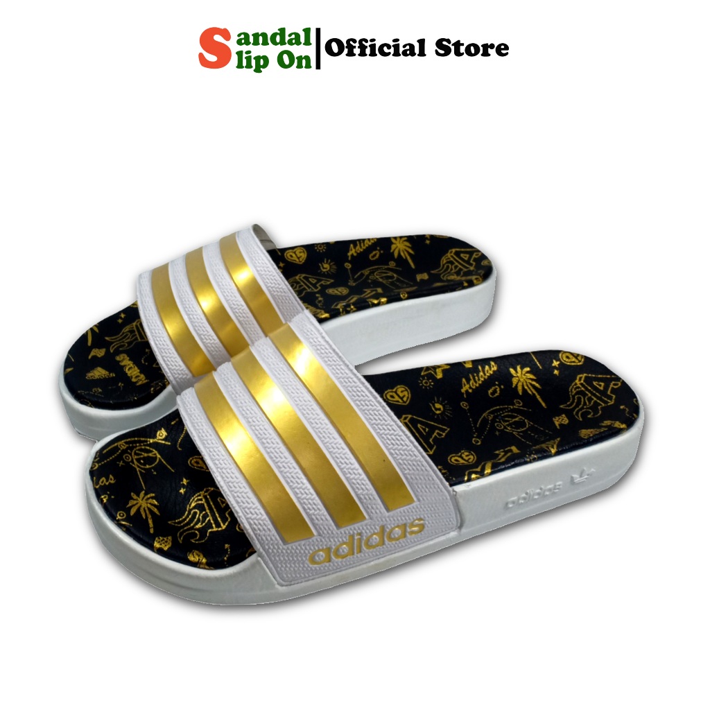 Sandal Selop slide Casual Adidas Comfort pria wanita tipe slip on warna Putih garis Gold premium