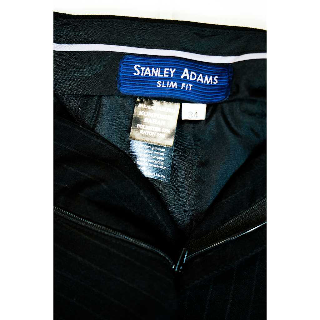 Arsippp STANLEY ADAMS Celana Panjang Pria Formal Stretch Slim Fit Hitam Bahan Crinkle Motif Garis