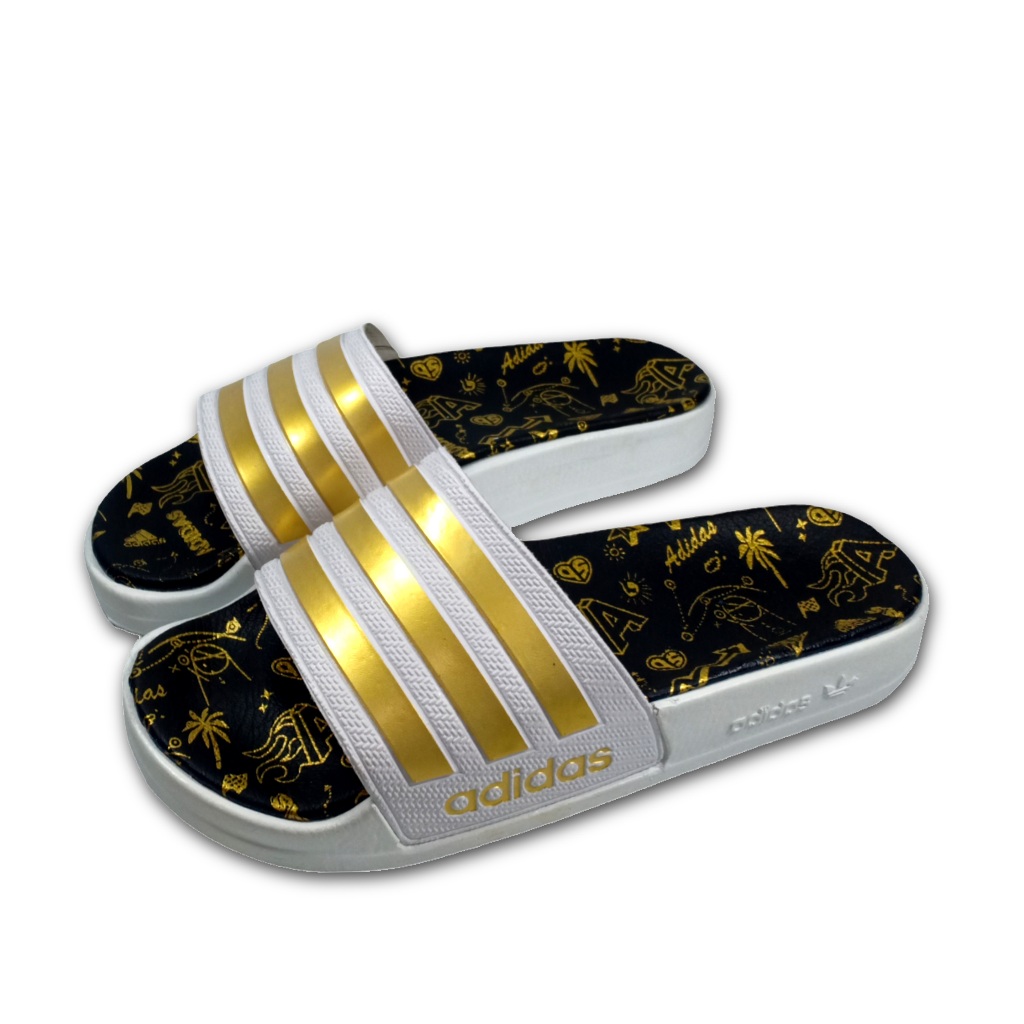 Sandal slide Casual Adidas Comfort pria wanita tipe selop slip on warna Putih garis Gold