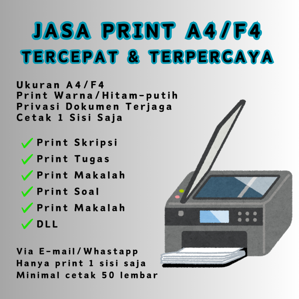 

Print Cetak A4 F4, Hitam/Putih atau Warna Harga Sama, Tugas Sekolah, Skripsi, Makalah, Surat, Tugas Kuliah, DLL