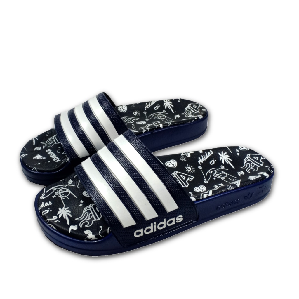 Sandal slide Casual Adidas Comfort pria wanita tipe selop warna navy garis Putih grade premium