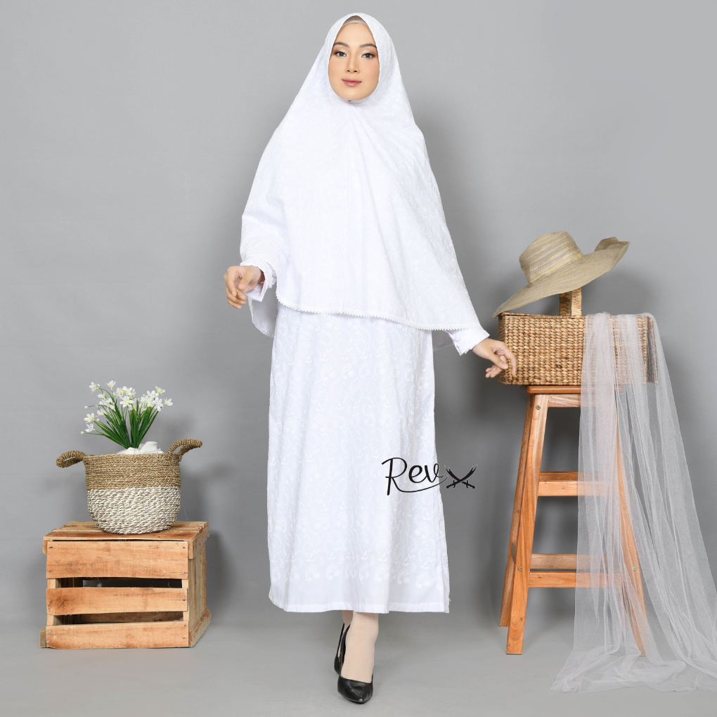Gamis Umroh Wanita Putih Bordir Set Bergo Bordir Senada Busana Umroh Haji