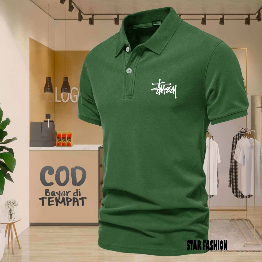 COD T-shrit POLO Kerah Stussy Text Putih Kaos Kerah Dewasa Shirt / Kaos Wangki Pria Polo / Kaos Sera