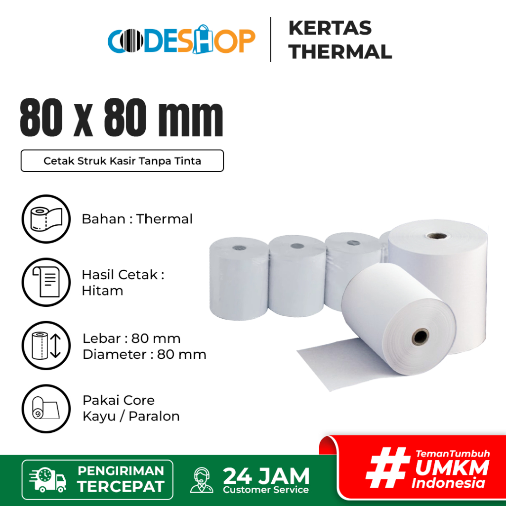 

Kertas Termal 80x80mm Codeshop Cetak Hitam Struk Kasir Coreless