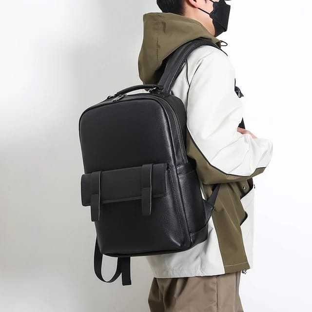 Tas Ransel Hitam Pria Kulit Asli - Tas Ransel Sekolah Pria Simple Kulit Asli