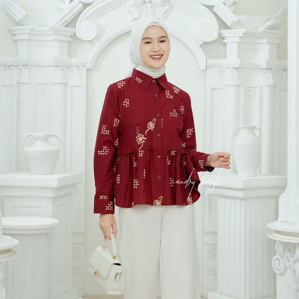 Audry Batik - Alexa - Blouse Batik Kerja Wanita Hijab Modern Motif Batik Kawung Maroon Bata