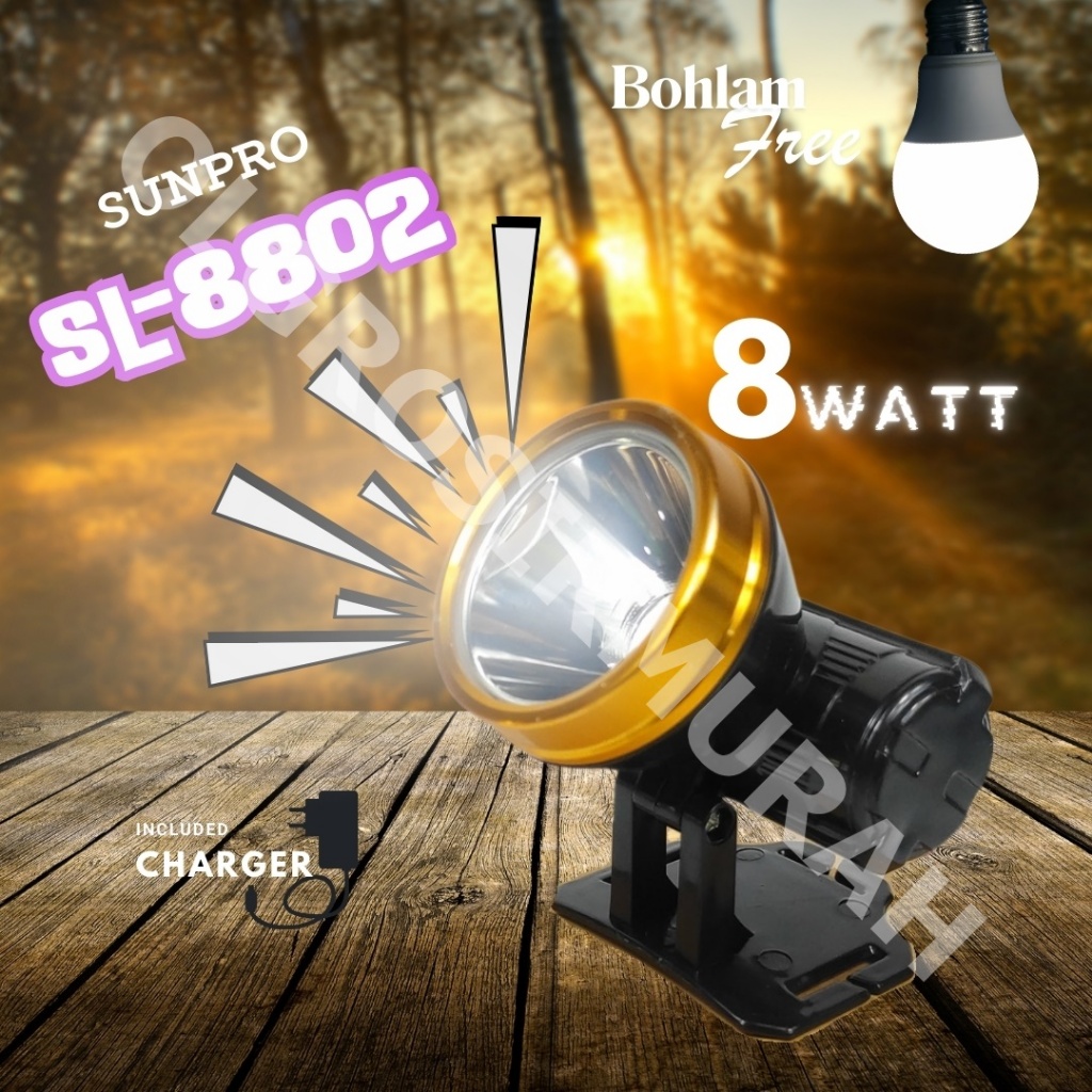 New Senter Kepala Headlamp Sunpro SL - 8802 Putih 8Watt Charger Original