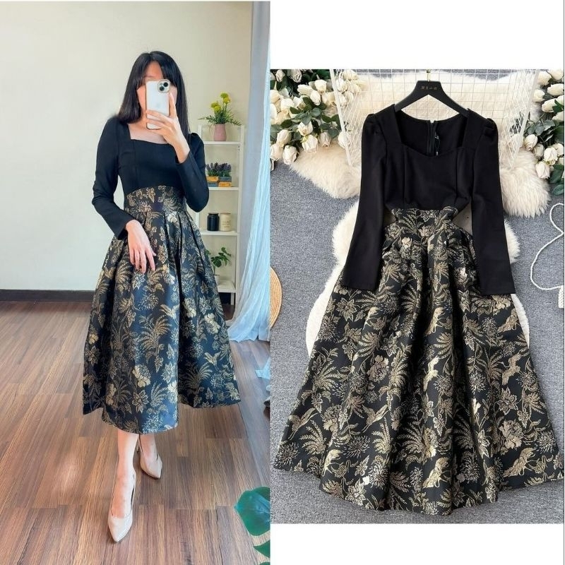 long sleeve midi flare black gold dress hitam gold emas peacock paris parisian europe eropa vintage 