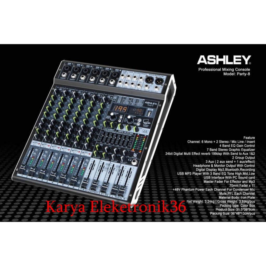 MIXER AUDIO ASHLEY PARTY 8 PARTY-8 MIXER 8 CHANNEL ORIGINAL ASHLEY