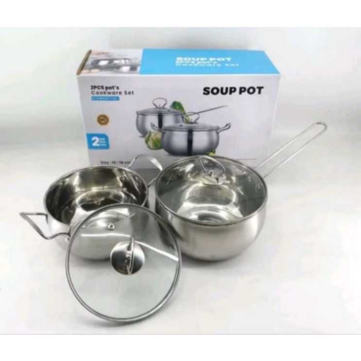 Panci Set Stainless Steel Tebal Cookware Set  Stainless Isi 2pc