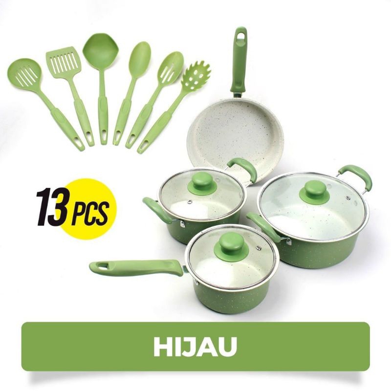 Cookware Set 13 Pcs / Panci Set Peralatan Masak + Spatula *(WARNA HIJAU)*