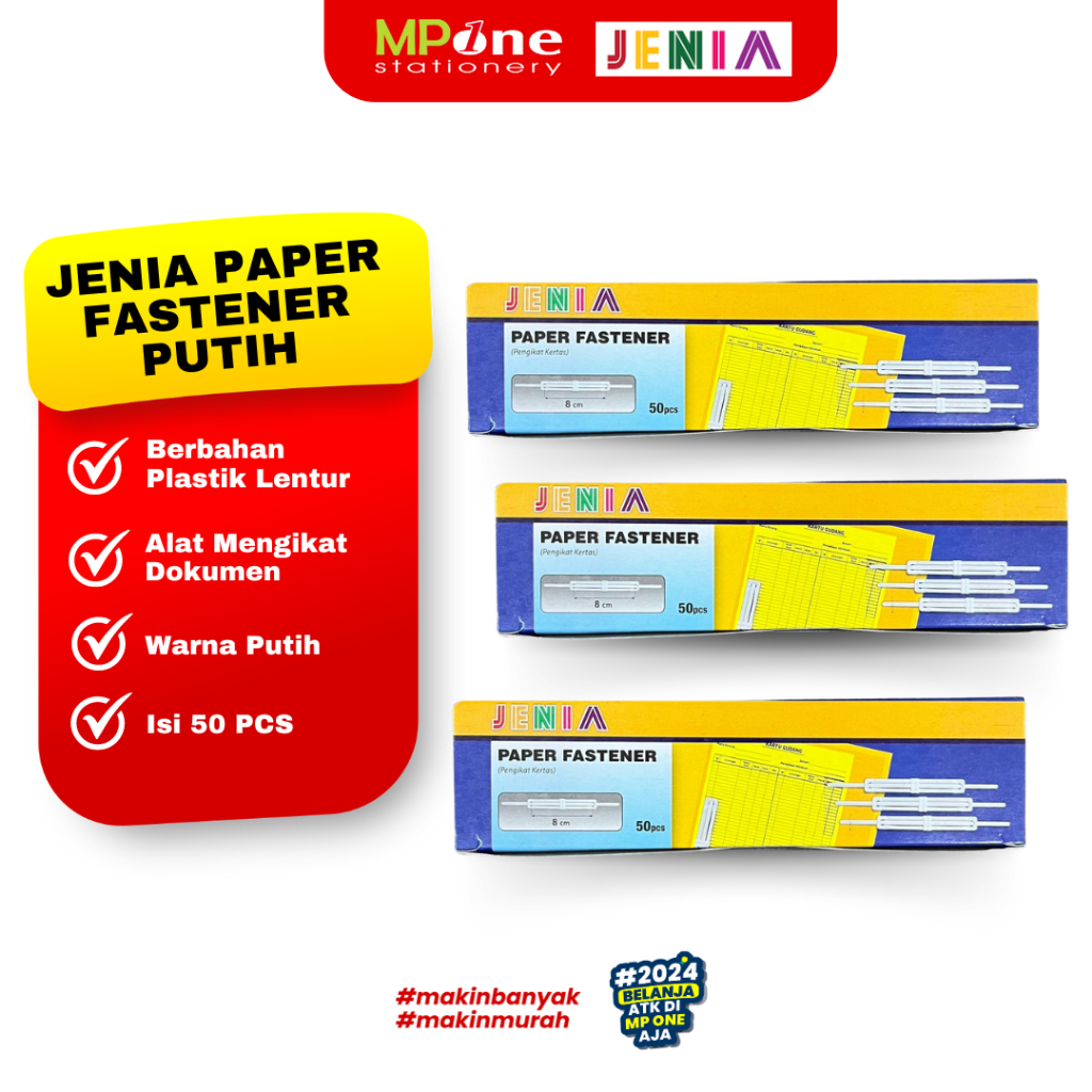 

(1 KTK) Jenia Paper Fastener Jenia Pengikat Kertas Warna Putih / Alat Pengikat Map Paper Fastner Jenia isi 50 Pcs