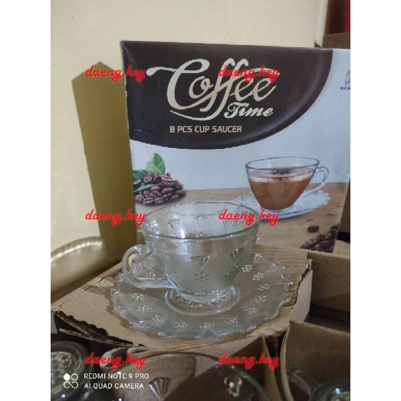 Gelas Cangkir Kaca Set Lepek/Saucer | Cup Saucer Cangkir COFFEE TIME isi 8pcs