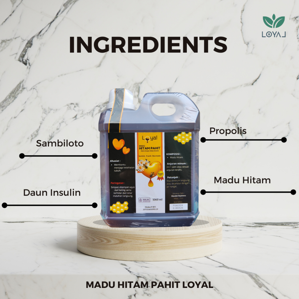 

Madu Hitam Pahit Loyal 1kg - Madu Hitam Pahit Premium plus Sambiloto - Propolis - Daun Insulin