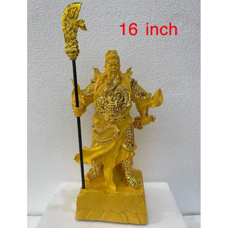 patung dewa kwan kung/kwan kong/guan yu - berdiri - fiber - emas - 16inch