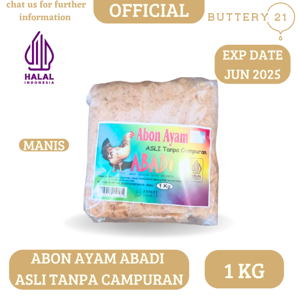 

ABON AYAM ABADI MANIS 1 KG/ABON AYAM ORIGINAL/ASLI TANPA CAMPURAN