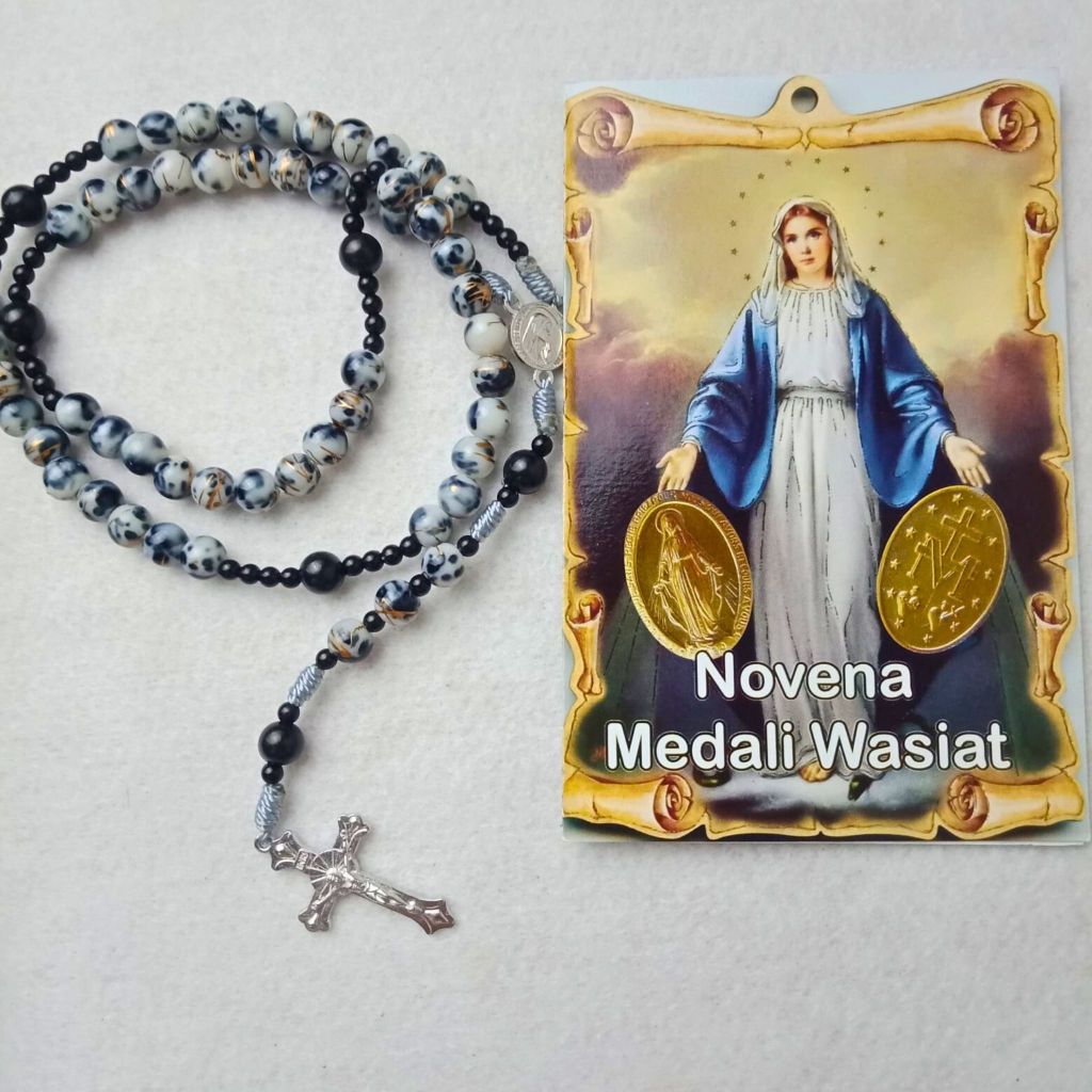 bundle kalung rosario salam maria/lima peristiwa corak emas + lembaran doa medali wasiat