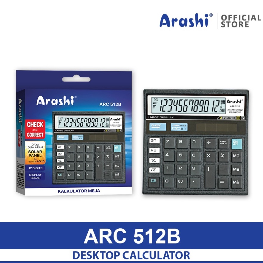 

KODE P73Z Arashi Desktop Calculator ARC 512B Kalkulator 12 Digit Soalar Panel Check Correct