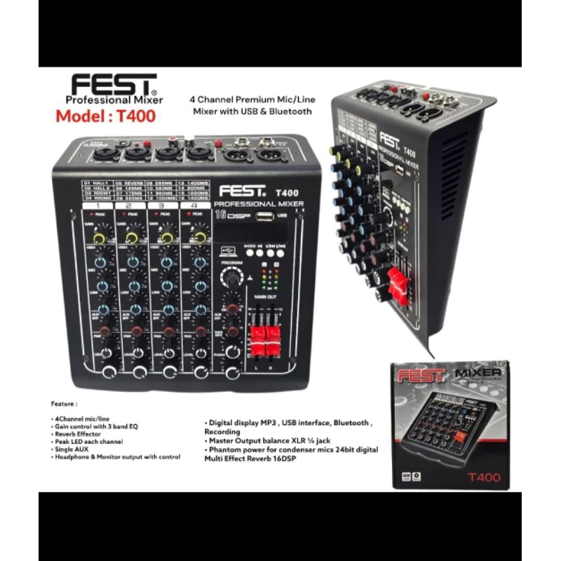 MIXER AUDIO FEST T400 MIXER 4 CHANNEL BLUETOOTH USB MP3 T 400