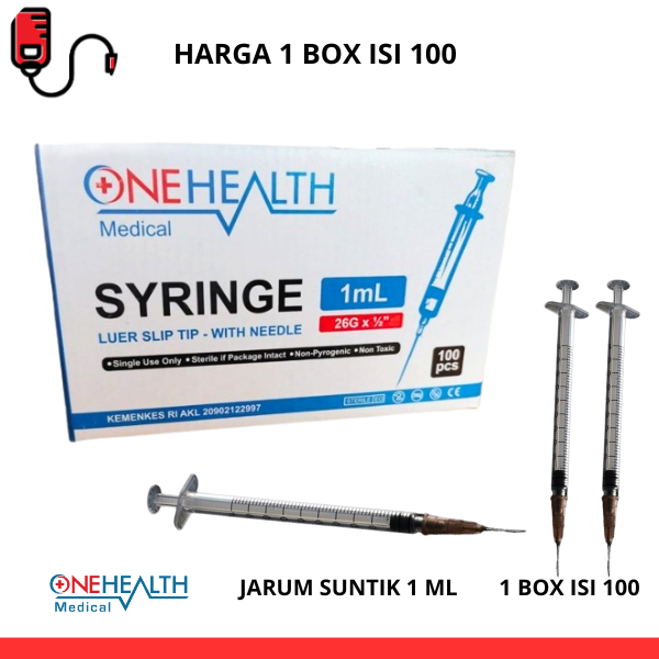 Spuit Syringe 1ml Jarum Suntik Medis 1cc Onehealth 1 Box Isi 100