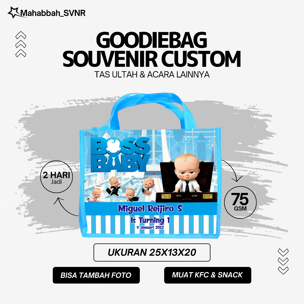 

GOODIE BAG BOSS BABY/SOVENIR ULTAH ANAK/TAS JINJING PRAKTIS DAN NGGAK RIBET GAMBAR BABY BOSS BISA TAMBAH NAMA DAN FOTO