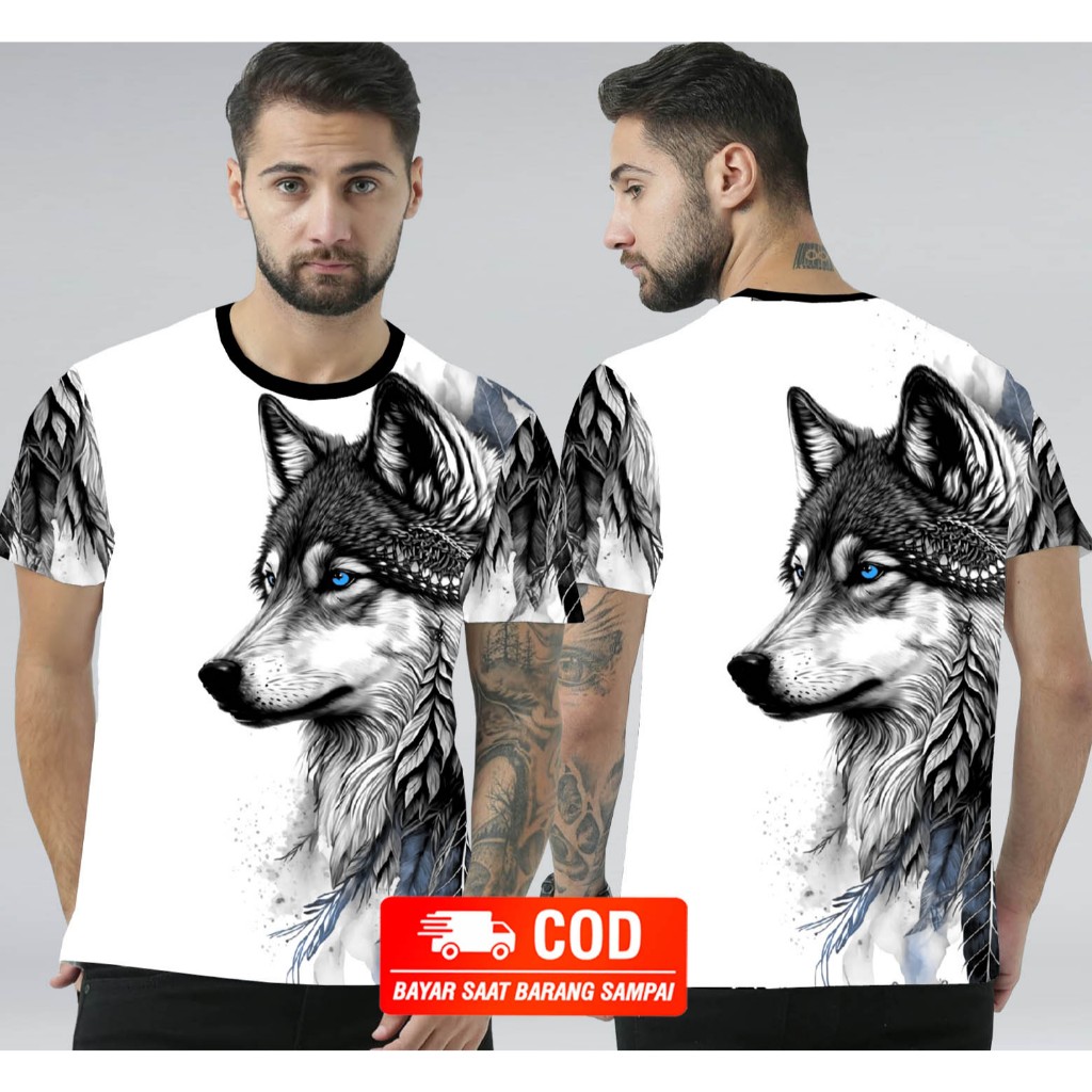 Kaos Distro Cowok Motif Serigala Depan Belakang ada Sablon Untuk Pria Dewasa