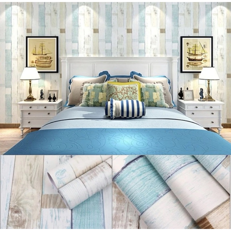 WALLPAPER DINDING STIKER ROLL MOTIF KAYU BIRU