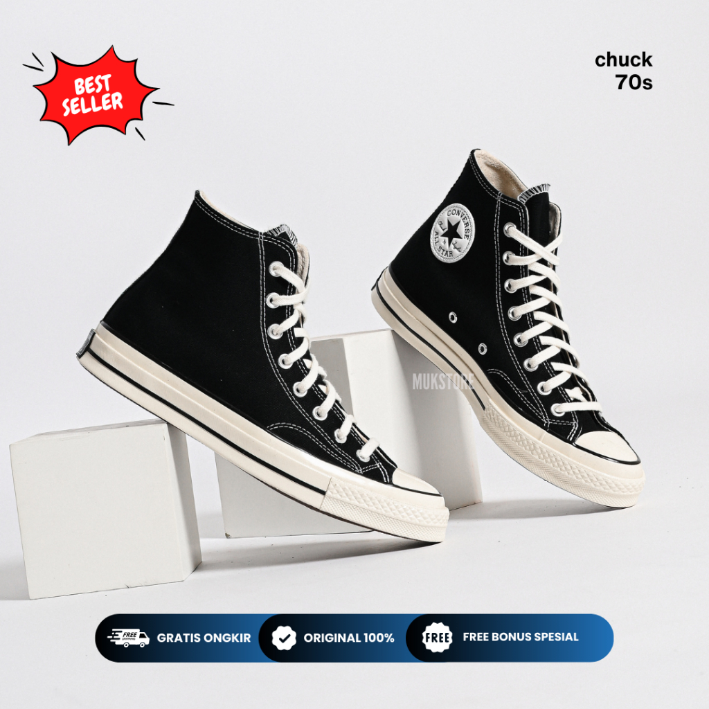 SEPATU CONVERSE CHUCK TAYLOR 70S HIGH BLACK WHITE ORIGINAL (RESMI PT MAP)