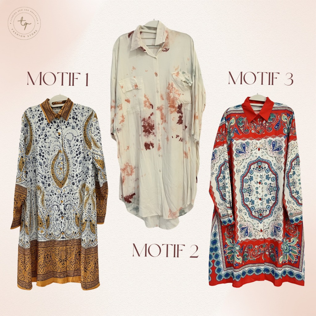 PRELOVED Kemeja Lengan Panjang Tunic Zara Basic Motif Printing Size L Putih-Kuning  / Kemeja Lengan 