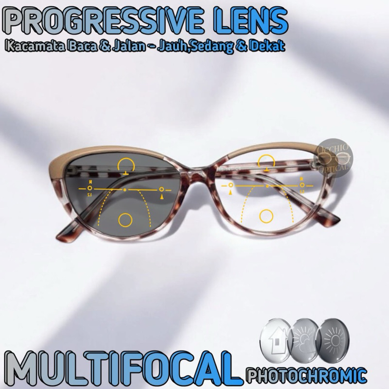 Kacamata Progresif Photochromic Cat Eye Wanita | Kacamata Baca dan Jalan | Progresif Photochromic