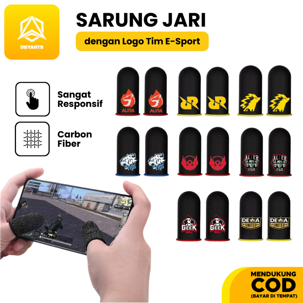 Sepasang Sarung Jari / Jempol Gaming dengan Logo Tim E-Sport untuk Game ML PUBG FF - Evos RRQ BTR On