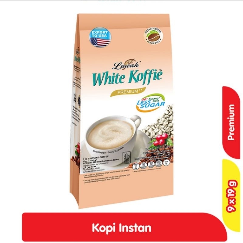 

Luwak White Koffie Premium Less Sugar isi 9 x 19 gram