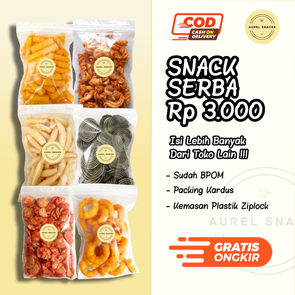 

[ AUREL SNACKS ] Snack Serba 3.000 / Cemilan Makanan Ringan 3 ribu / Snack Jadul / Snack Grosir Kiloan Banyak Pilihan Rasa