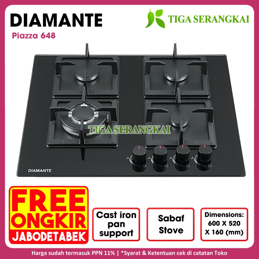 Diamante Gas Hob Kompor Gas Tanam 4 Tungku Piazza 648