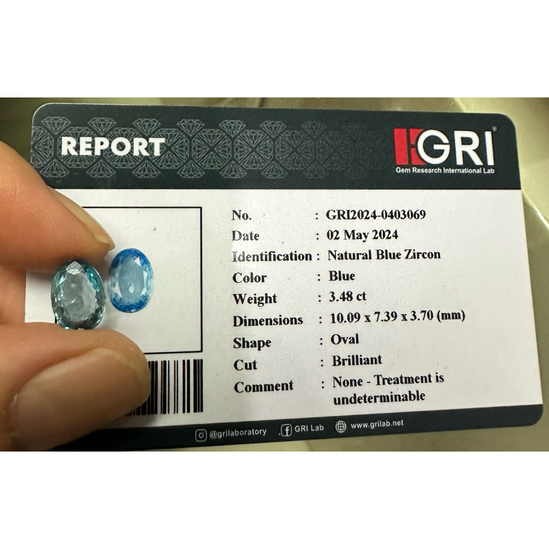 Natural Blue Zircon ( Memo GRI )
