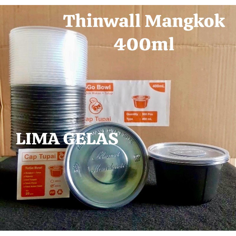 25pcs Thinwall 200ml / 400ml Round Cap tupai Hitam + Tutup / Kotak makan / Mangkok Plastik