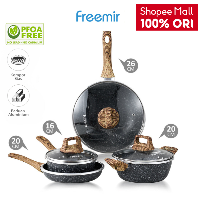 [OFFICIAL MALL] freemir Set 7 Pcs Wajan Panci 26/20/20/16 Cm Anti Lengket Lapisan Granit Alat Masak 