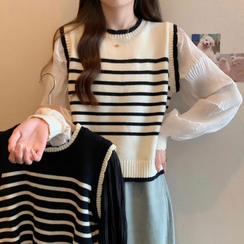 Emica Blouse Rajut Rufle Stripe Motif Lengan Balon Sweater Knit Atasan Rajut Wanita Terbaru Baju Ata