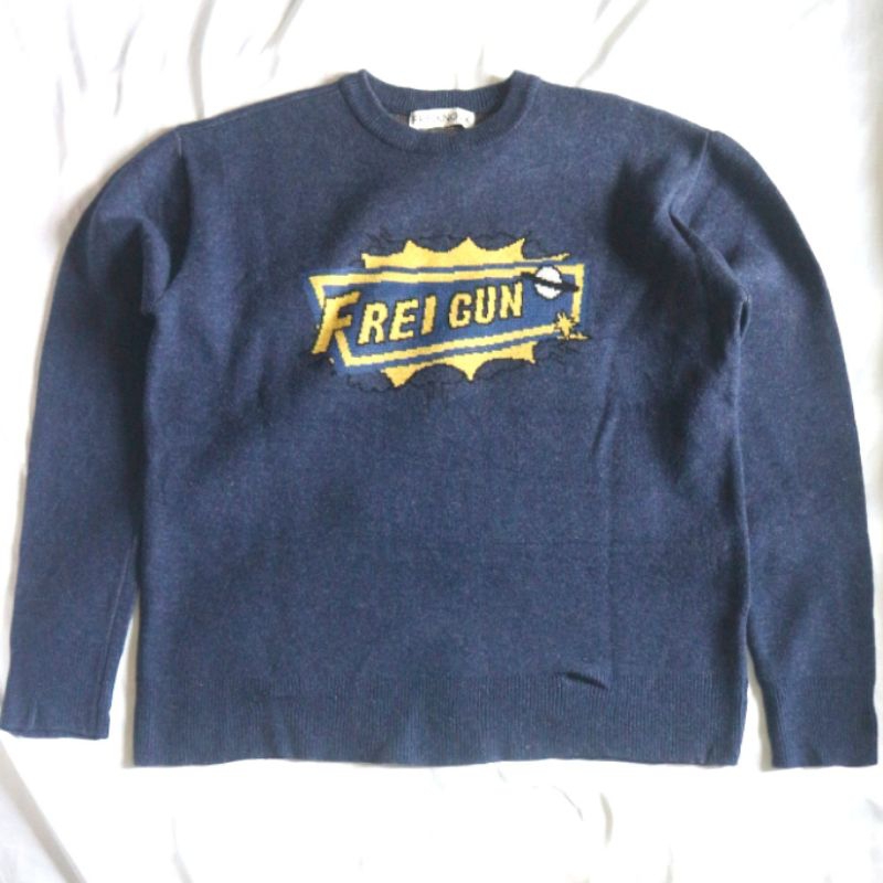 FREIKNOCK Frei Gun Navy Knitwear Wool Korean Unisex Navy Denim Knitwear Sweater Sweatshirt Crewneck 