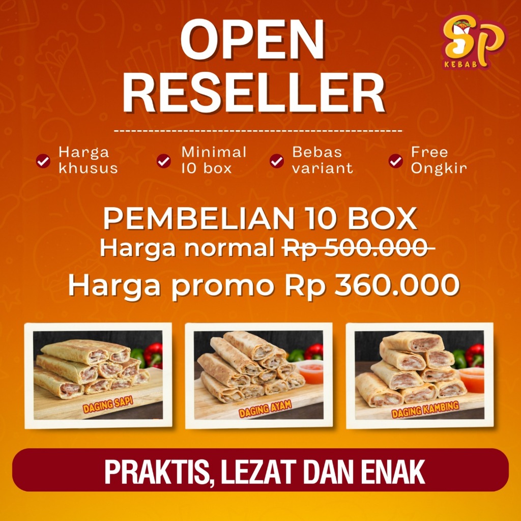 

RESELLER SPKEBAB 10BOX, BISA MIX VARIAN SILAHKAN DINOTE SPkebab Daging Sapi, SPkebab Daging Kambing, SPkebab Daging Ayam KEBAB TURKI CEMILAN FROZEN , KEBAB PREMIUM , KEBAB HALAL, KEBAB SEDANG , KEBAB BEEF , KEBAB CHICKEN , KEBAB LAMB