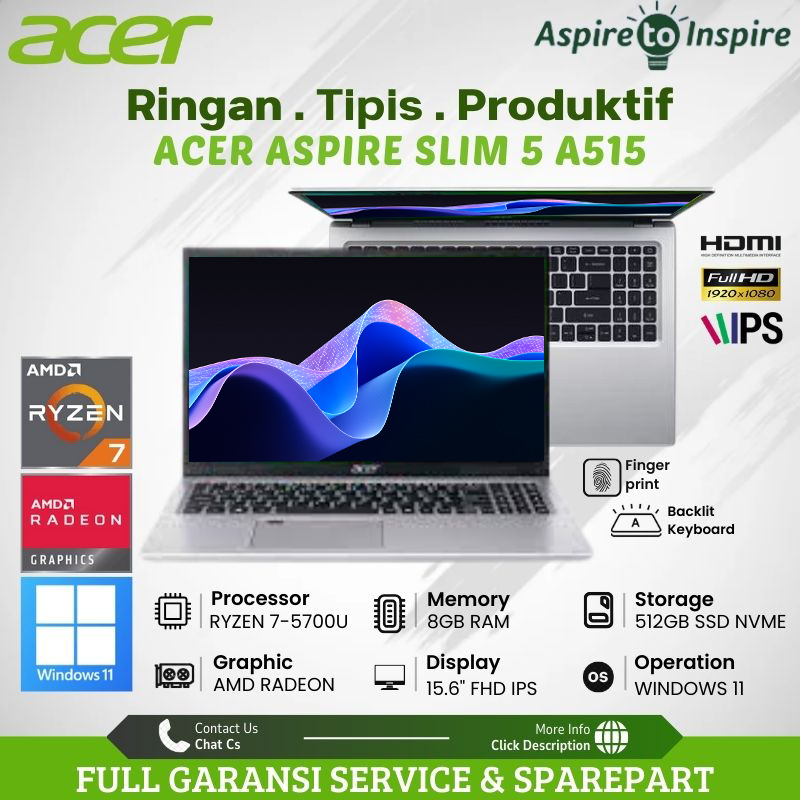 Acer Aspire 5 A515-45-R958 Ryzen 7 5700U 8GB Ssd 512GB 15.6" Fhd Ips W11 Backlit