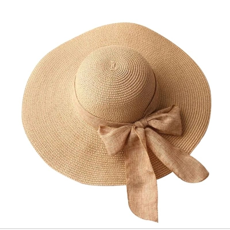 Topi Pantai Jerami Pita Polos Topi Pantai Lebar Topi Anti UV