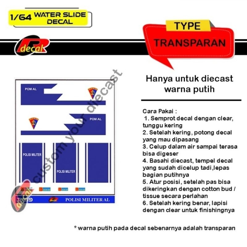 T169 Decal Hotwheels Transparan 1/64 Polisi Militer AL