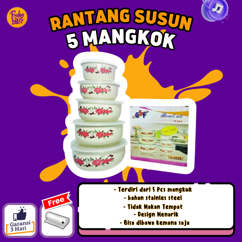 RANTANG SUSUN 5 MANGKOK SET BERANAK GSF MANGKUK PENYIMPANAN MAKANAN MOTIF BUNGA GSF / RANTANG SUSUN 