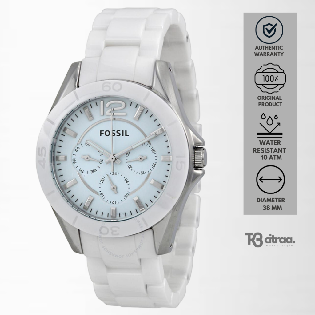 jam tangan fashion wanita fossil riley analog strap keramik chronograph day date white water resista